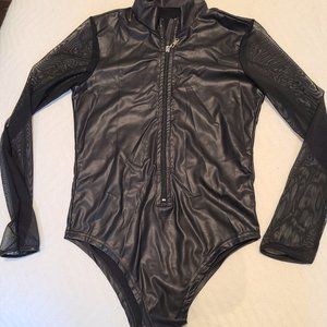 Mesh and faux leather bodysuit